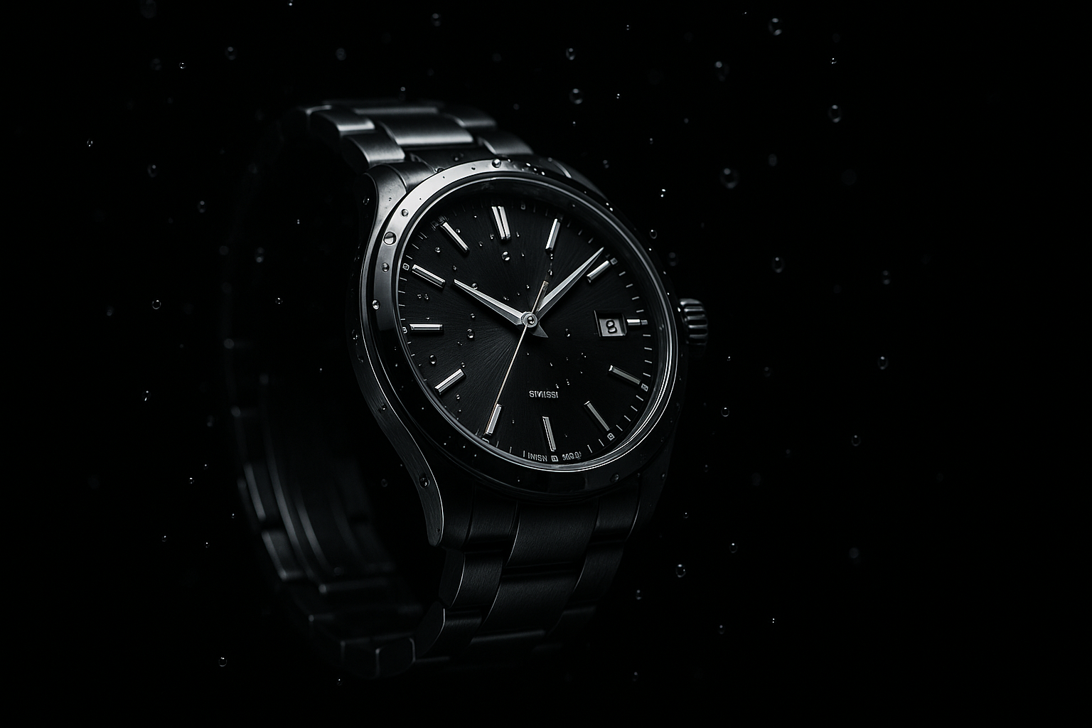 Relógio preto metálico com design sofisticado em close-up, cercado por gotas d'água que destacam sua resistência à água. A iluminação suave e direcionada realça o mostrador e a pulseira, criando uma atmosfera de luxo e durabilidade. A composição é minimalista, com fundo preto profundo, enfatizando o contraste e o requinte do acessório.